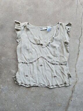 Vintage Y2K Top Beaded Fairy Boho Earthy Silk Whimisical Top Small